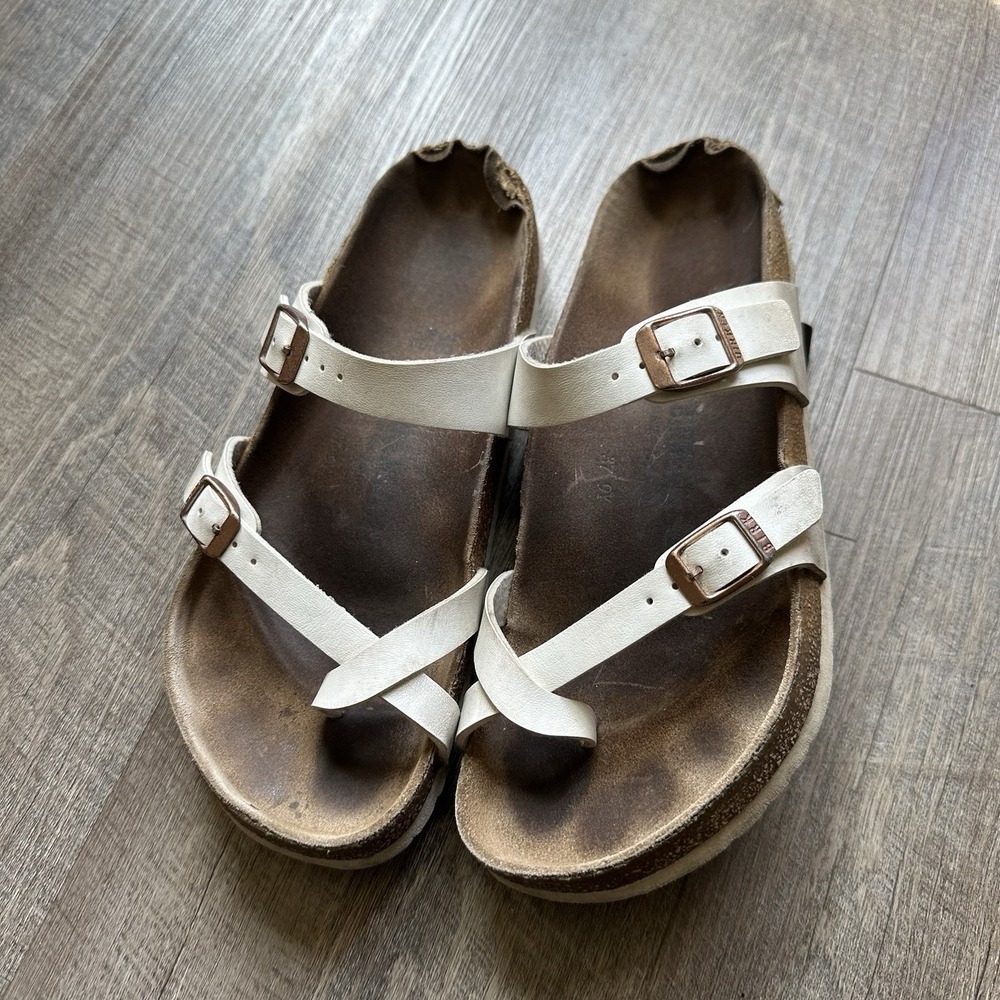 Birkenstock Mayari White Birko Flor Sandals Womens 38 7 Toe Loop Germany